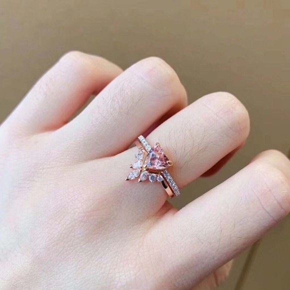 925 Sterling Silver Rose Gold Vermeil Pink Heart Double Layered CZ Ring for her - Picture 8 of 8